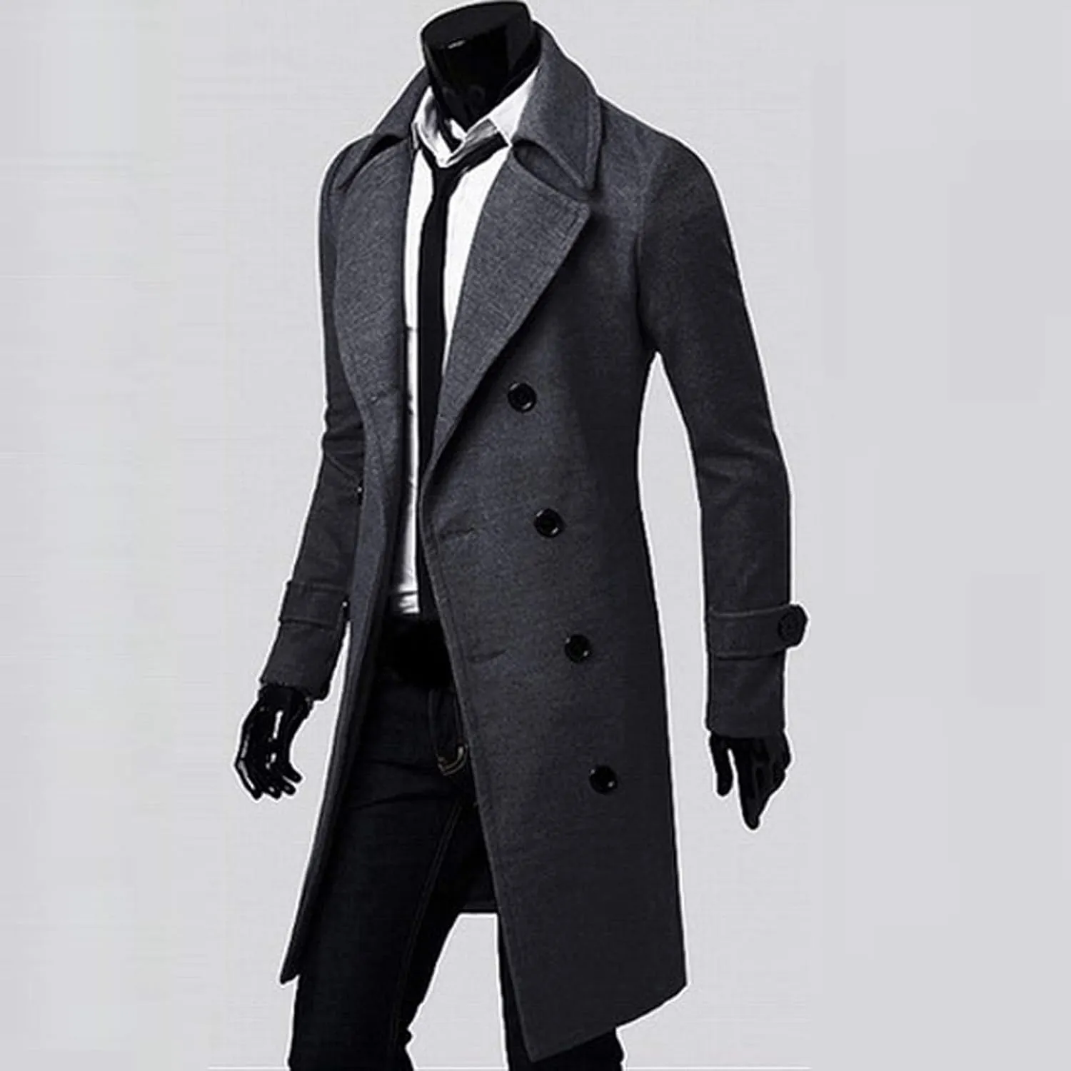 Men's Woolen Blend Trench Coat Double Breasted Slim Fit Winter Overcoat Mid Long Jacket Business Pea Jacket Fashion Coats