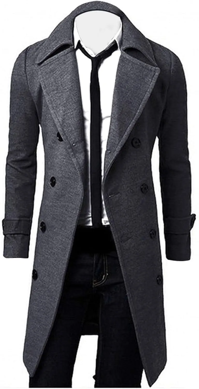 Men's Woolen Blend Trench Coat Double Breasted Slim Fit Winter Overcoat Mid Long Jacket Business Pea Jacket Fashion Coats