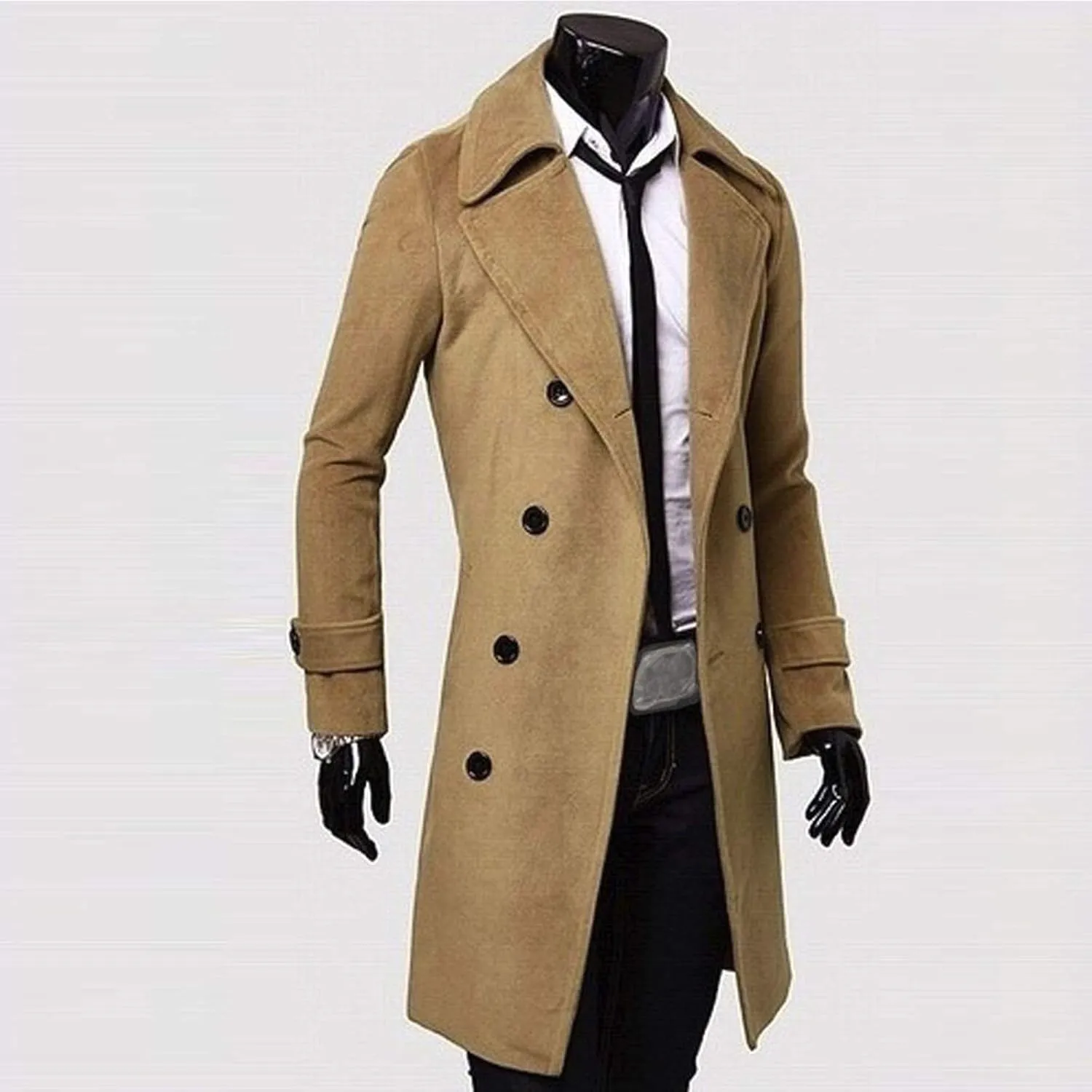 Men's Woolen Blend Trench Coat Double Breasted Slim Fit Winter Overcoat Mid Long Jacket Business Pea Jacket Fashion Coats