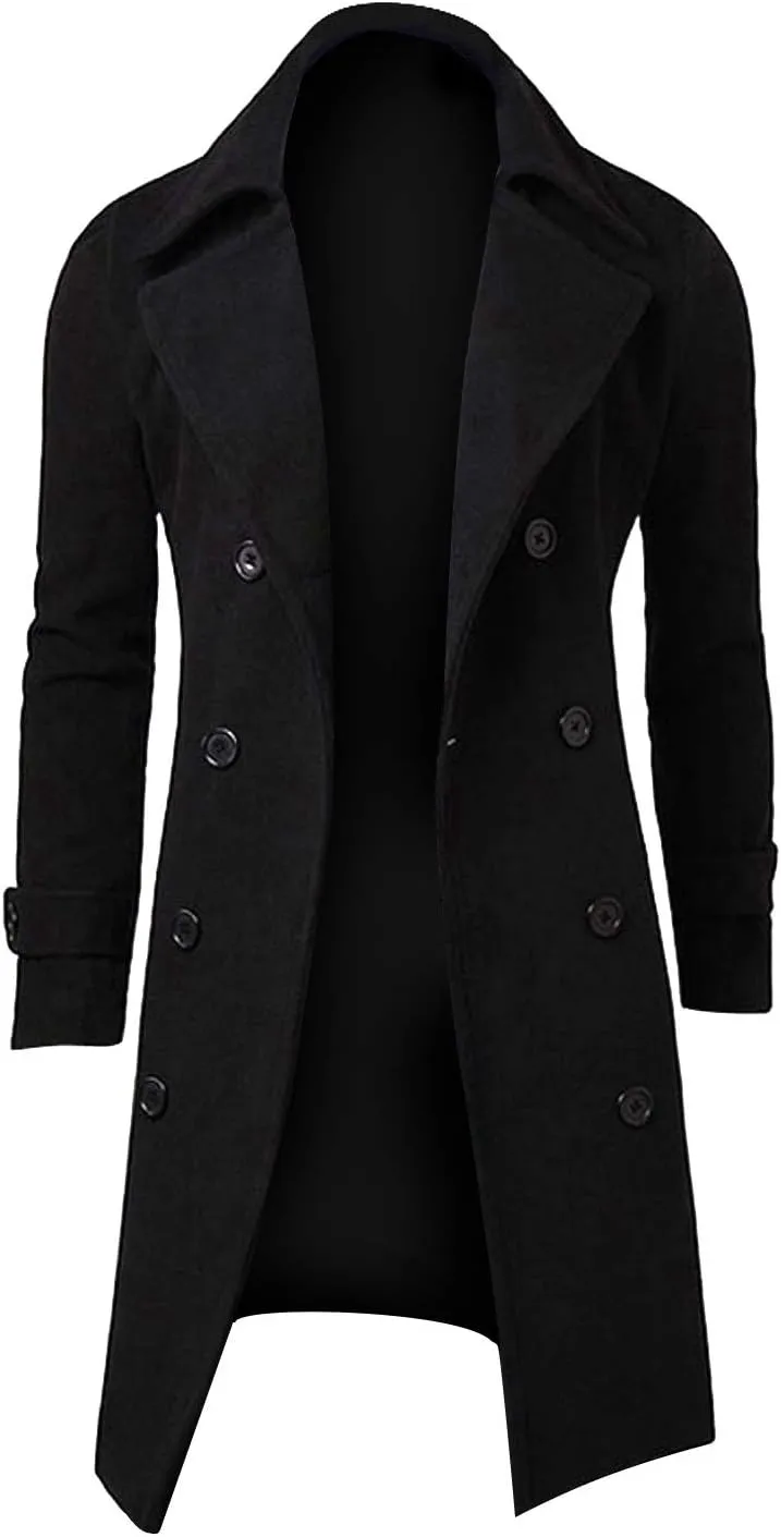 Men's Woolen Blend Trench Coat Double Breasted Slim Fit Winter Overcoat Mid Long Jacket Business Pea Jacket Fashion Coats