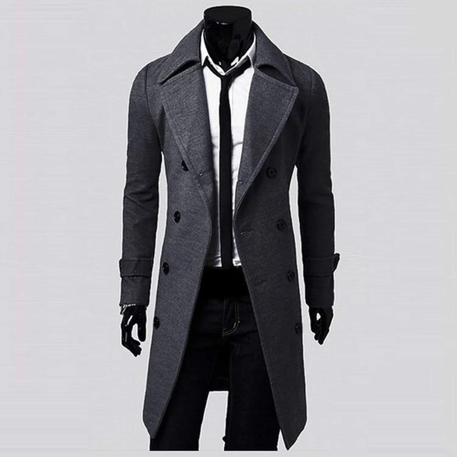 Men's Woolen Blend Trench Coat Double Breasted Slim Fit Winter Overcoat Mid Long Jacket Business Pea Jacket Fashion Coats