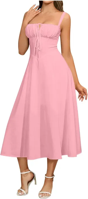 Midi Corset Dress Womens Boho Flowy Slit Lace Up Dresses for Women Going Out A Line Casual Sundress Beach