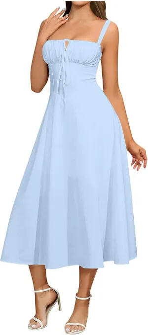 Midi Corset Dress Womens Boho Flowy Slit Lace Up Dresses for Women Going Out A Line Casual Sundress Beach