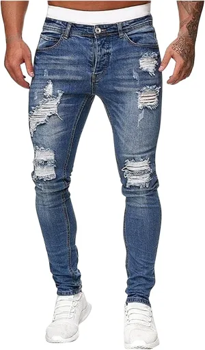 Mmoneyake Slim Fit Jeans for Men Skinny Ripped Destroyed Distressed Jeans Straight Leg Stretch Denim Pants with Broken Holes