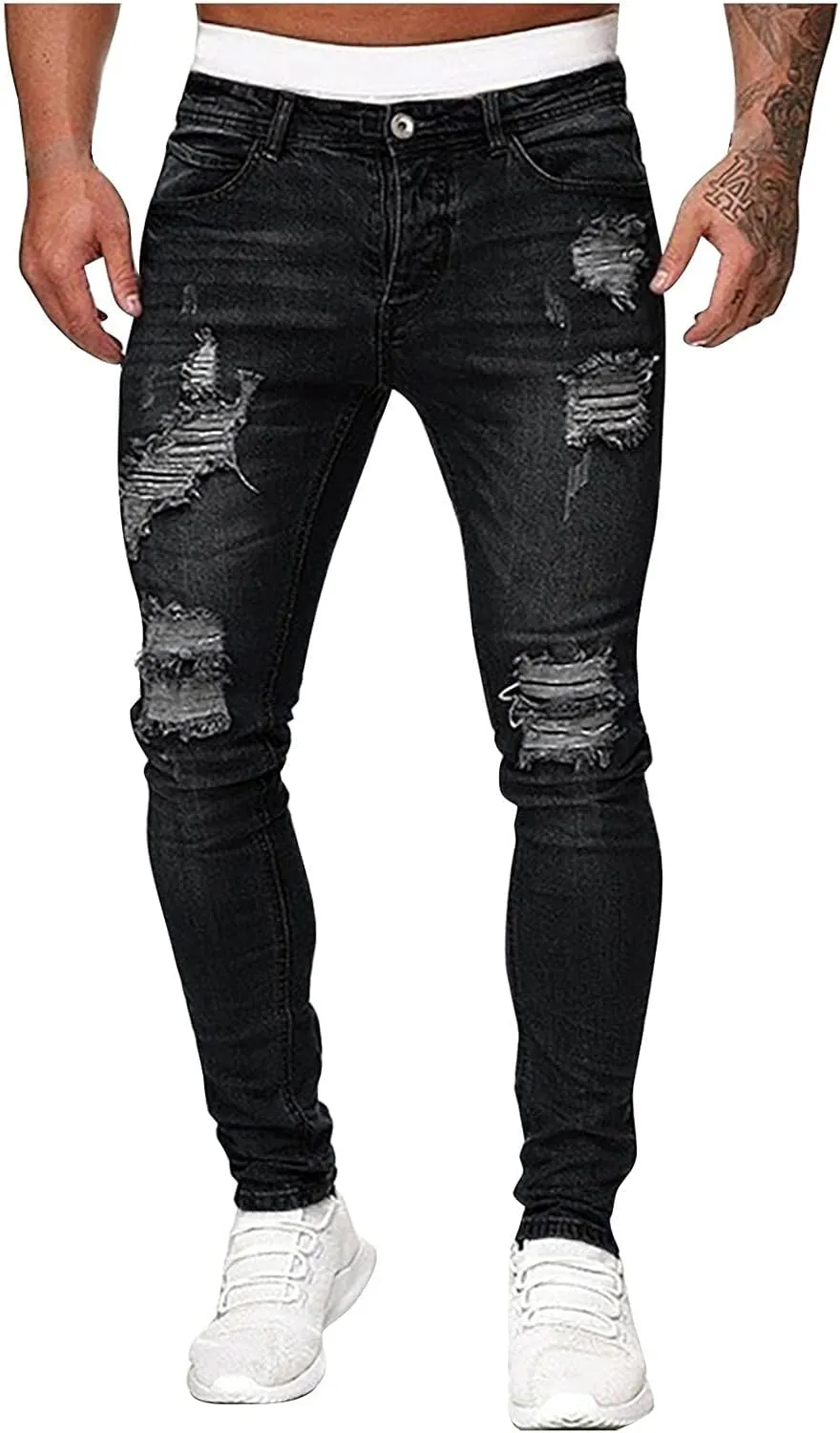 Mmoneyake Slim Fit Jeans for Men Skinny Ripped Destroyed Distressed Jeans Straight Leg Stretch Denim Pants with Broken Holes