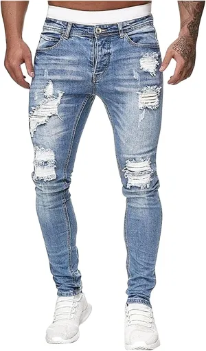 Mmoneyake Slim Fit Jeans for Men Skinny Ripped Destroyed Distressed Jeans Straight Leg Stretch Denim Pants with Broken Holes
