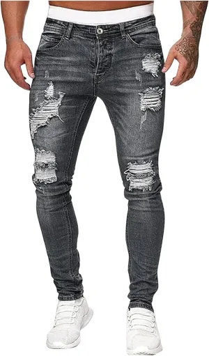 Mmoneyake Slim Fit Jeans for Men Skinny Ripped Destroyed Distressed Jeans Straight Leg Stretch Denim Pants with Broken Holes
