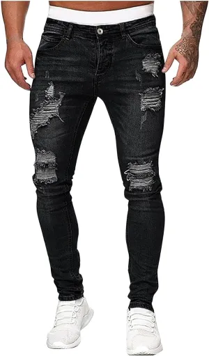 Mmoneyake Slim Fit Jeans for Men Skinny Ripped Destroyed Distressed Jeans Straight Leg Stretch Denim Pants with Broken Holes