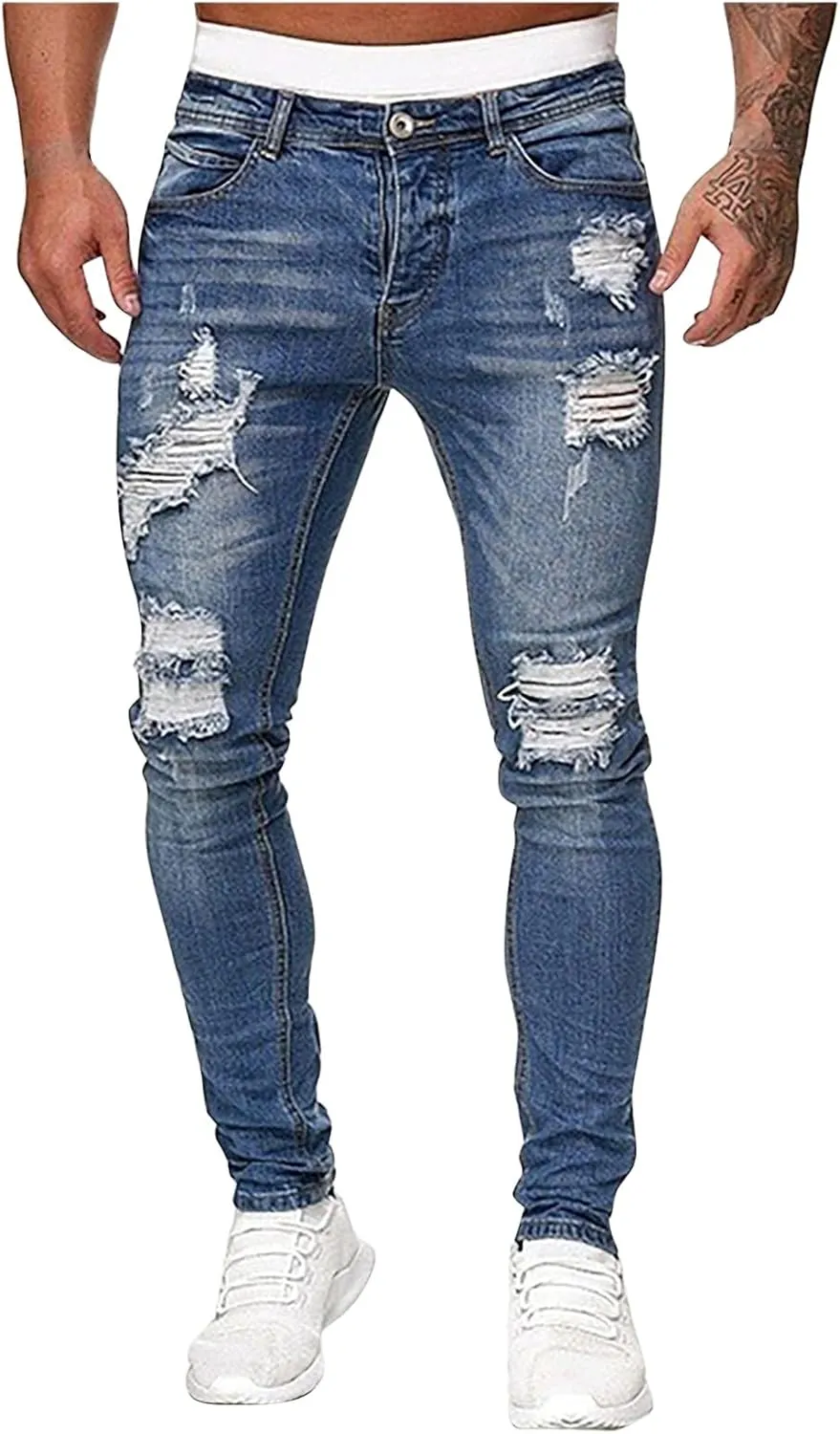 Mmoneyake Slim Fit Jeans for Men Skinny Ripped Destroyed Distressed Jeans Straight Leg Stretch Denim Pants with Broken Holes