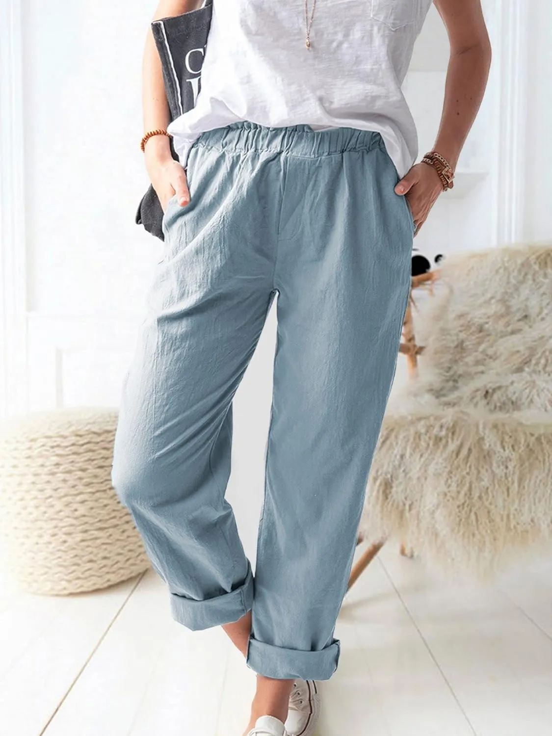 Mmoneyake Women's Cotton Linen Straight Leg Pants Casual Elastic Waist Pants Yoga Trousers Slacks Work Pants with Pockets
