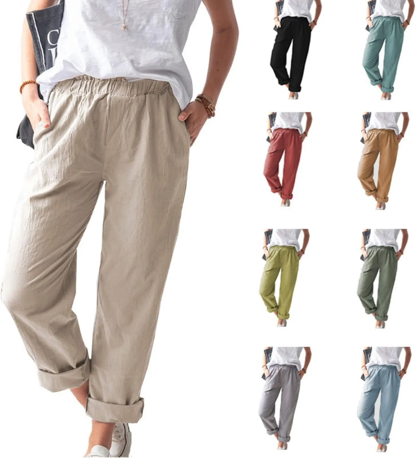 Mmoneyake Women's Cotton Linen Straight Leg Pants Casual Elastic Waist Pants Yoga Trousers Slacks Work Pants with Pockets