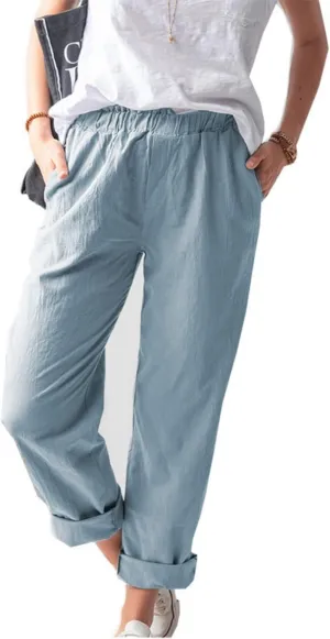 Mmoneyake Women's Cotton Linen Straight Leg Pants Casual Elastic Waist Pants Yoga Trousers Slacks Work Pants with Pockets