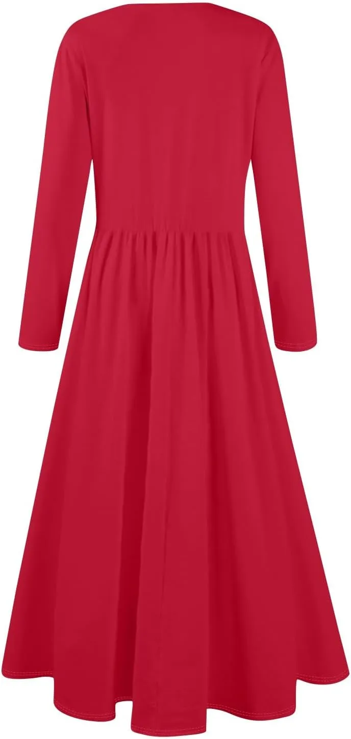 Modest Long Sleeve Dress for Women Elegant Crewneck Maxi Wrap Dress A Line Pleated Wedding Guest Dress with Pockets