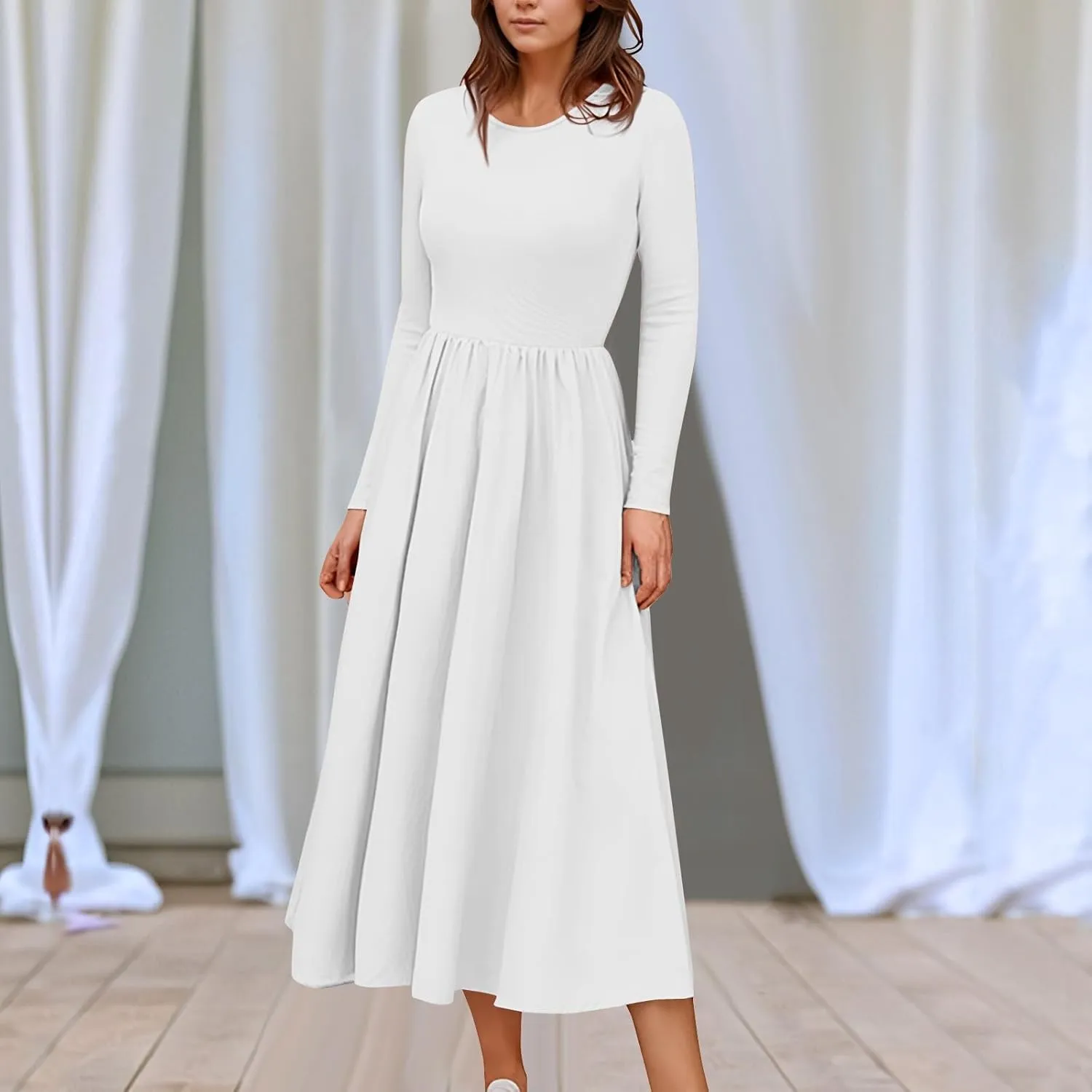 Modest Long Sleeve Dress for Women Elegant Crewneck Maxi Wrap Dress A Line Pleated Wedding Guest Dress with Pockets