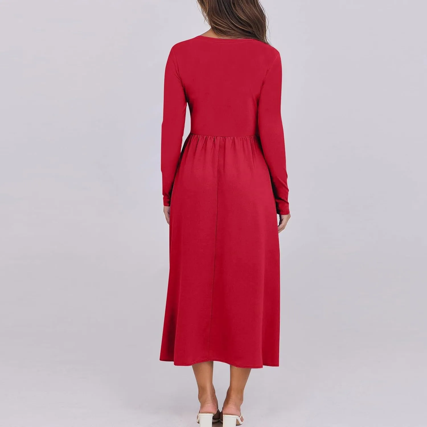 Modest Long Sleeve Dress for Women Elegant Crewneck Maxi Wrap Dress A Line Pleated Wedding Guest Dress with Pockets