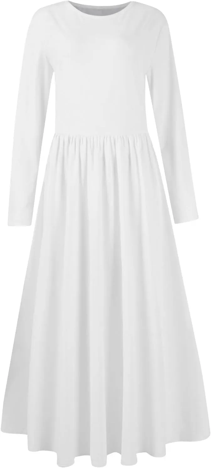 Modest Long Sleeve Dress for Women Elegant Crewneck Maxi Wrap Dress A Line Pleated Wedding Guest Dress with Pockets
