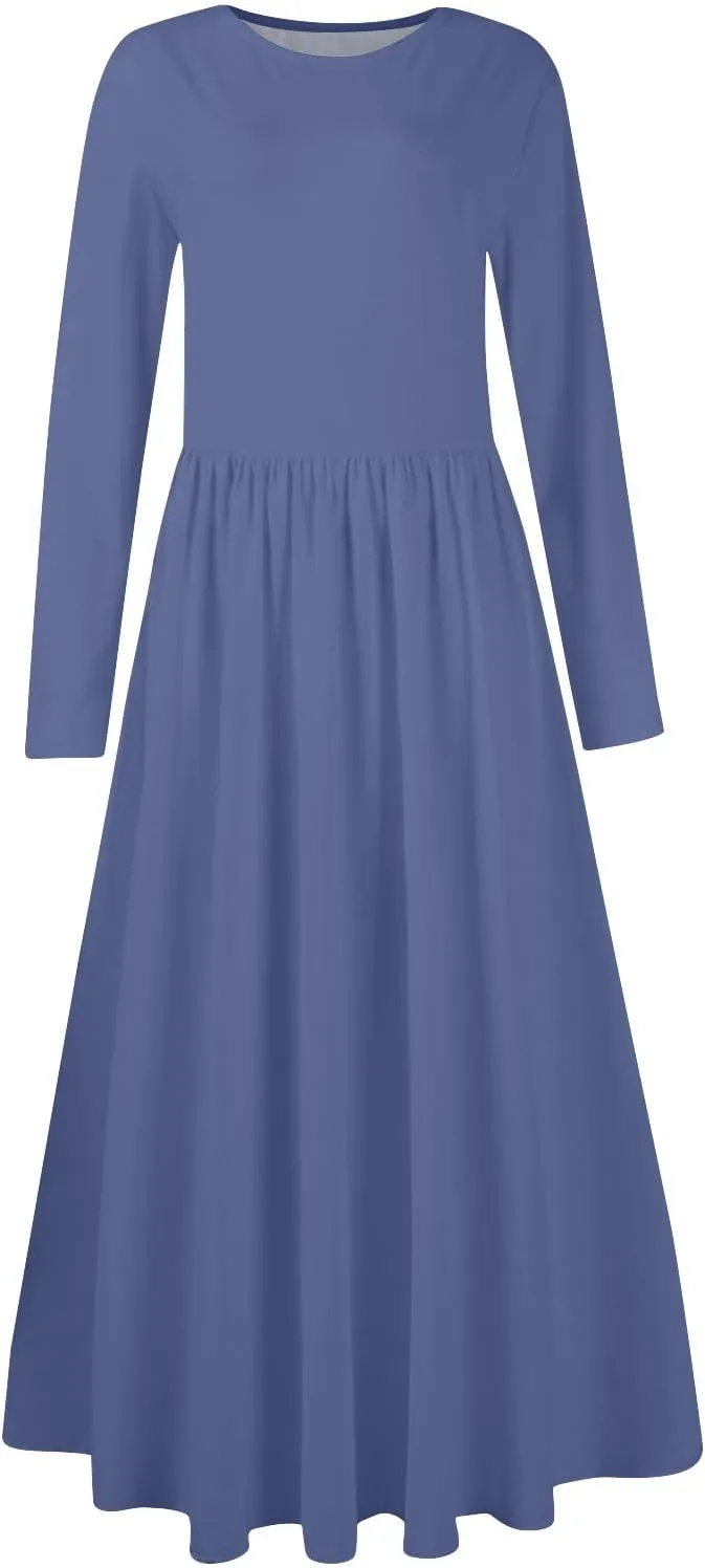 Modest Long Sleeve Dress for Women Elegant Crewneck Maxi Wrap Dress A Line Pleated Wedding Guest Dress with Pockets