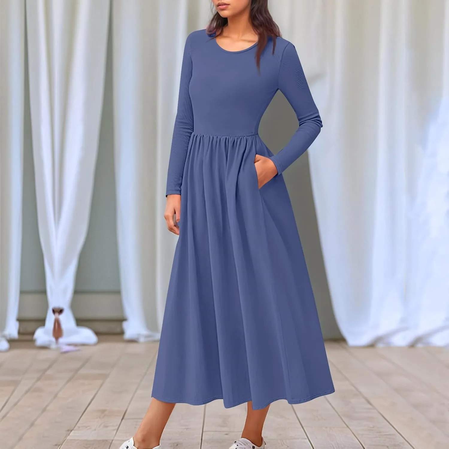 Modest Long Sleeve Dress for Women Elegant Crewneck Maxi Wrap Dress A Line Pleated Wedding Guest Dress with Pockets