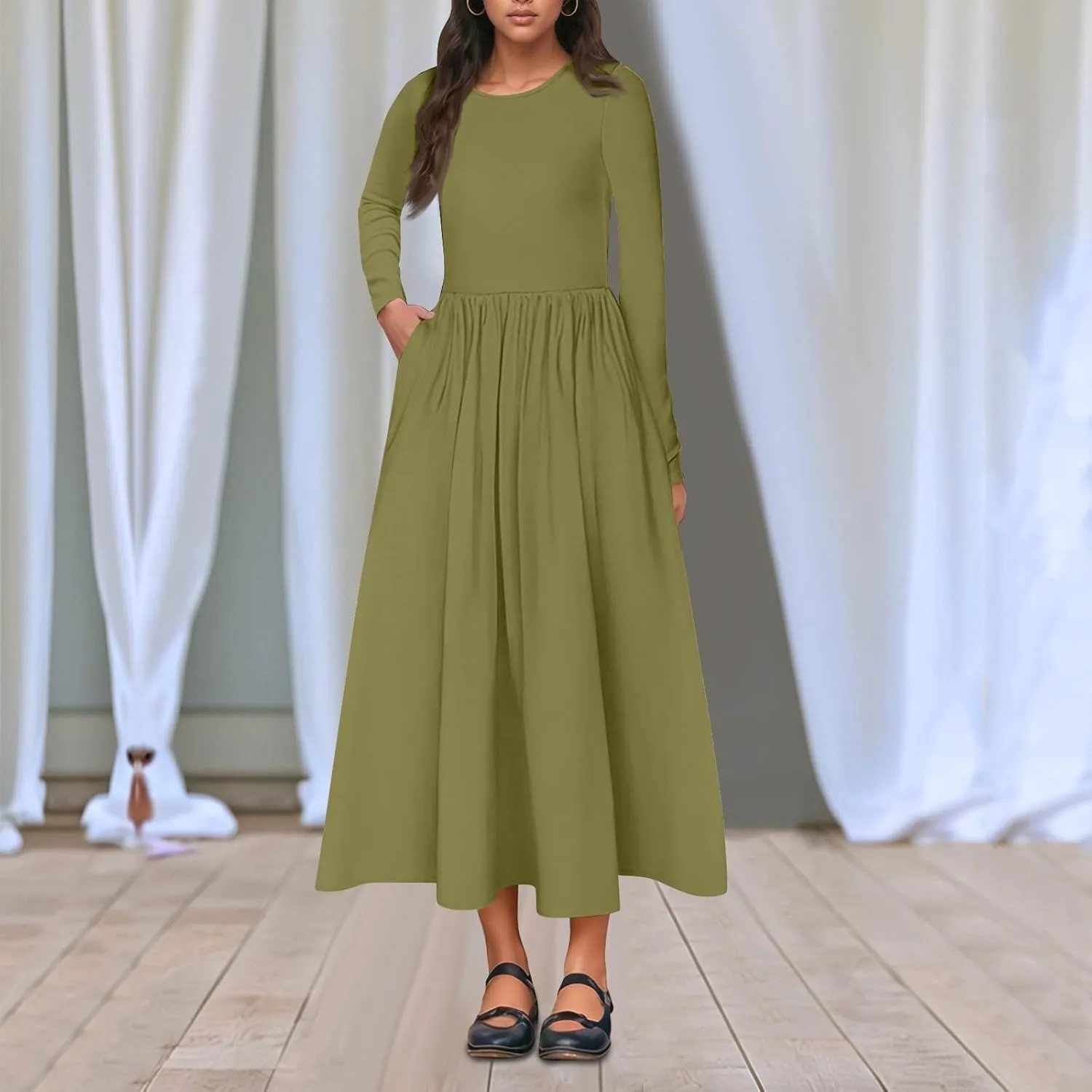 Modest Long Sleeve Dress for Women Elegant Crewneck Maxi Wrap Dress A Line Pleated Wedding Guest Dress with Pockets