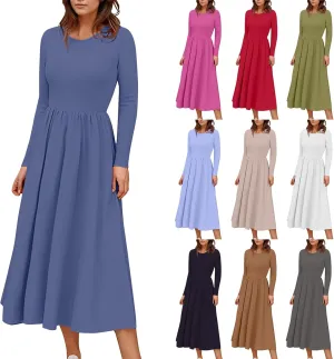 Modest Long Sleeve Dress for Women Elegant Crewneck Maxi Wrap Dress A Line Pleated Wedding Guest Dress with Pockets