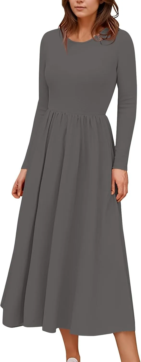 Modest Long Sleeve Dress for Women Elegant Crewneck Maxi Wrap Dress A Line Pleated Wedding Guest Dress with Pockets
