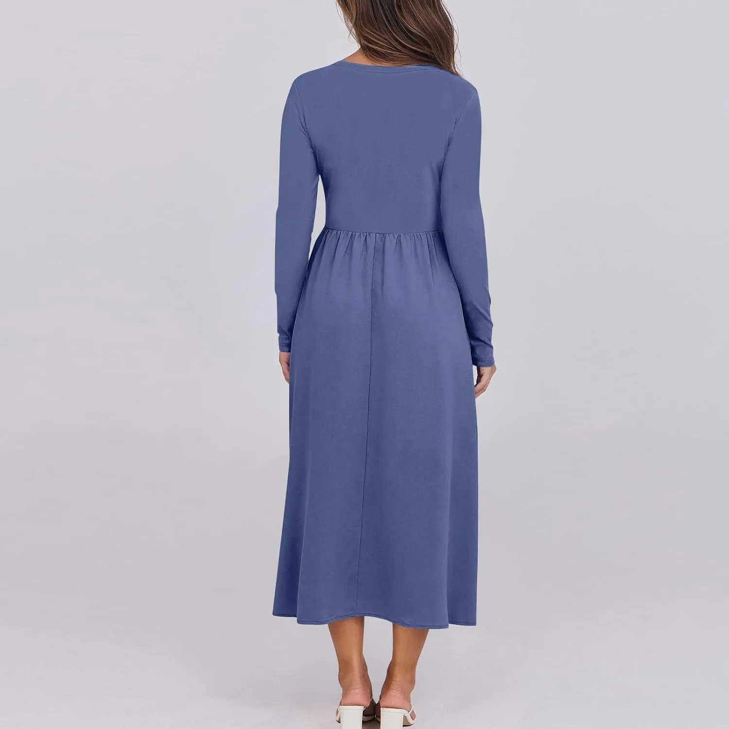 Modest Long Sleeve Dress for Women Elegant Crewneck Maxi Wrap Dress A Line Pleated Wedding Guest Dress with Pockets