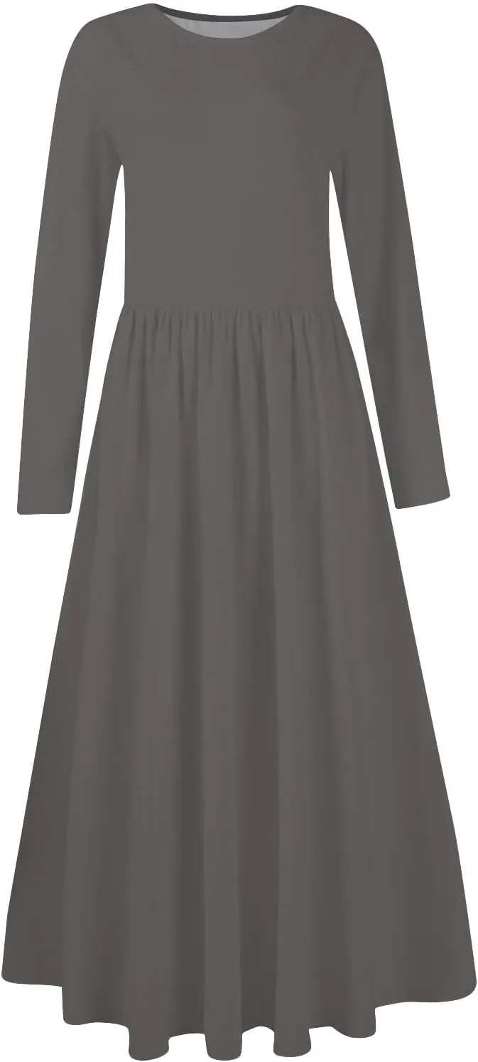 Modest Long Sleeve Dress for Women Elegant Crewneck Maxi Wrap Dress A Line Pleated Wedding Guest Dress with Pockets