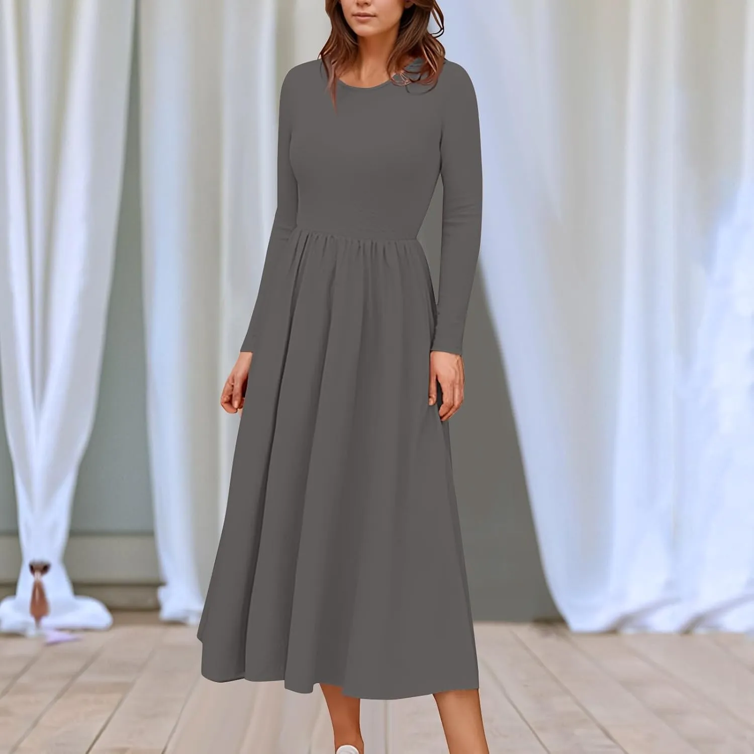 Modest Long Sleeve Dress for Women Elegant Crewneck Maxi Wrap Dress A Line Pleated Wedding Guest Dress with Pockets