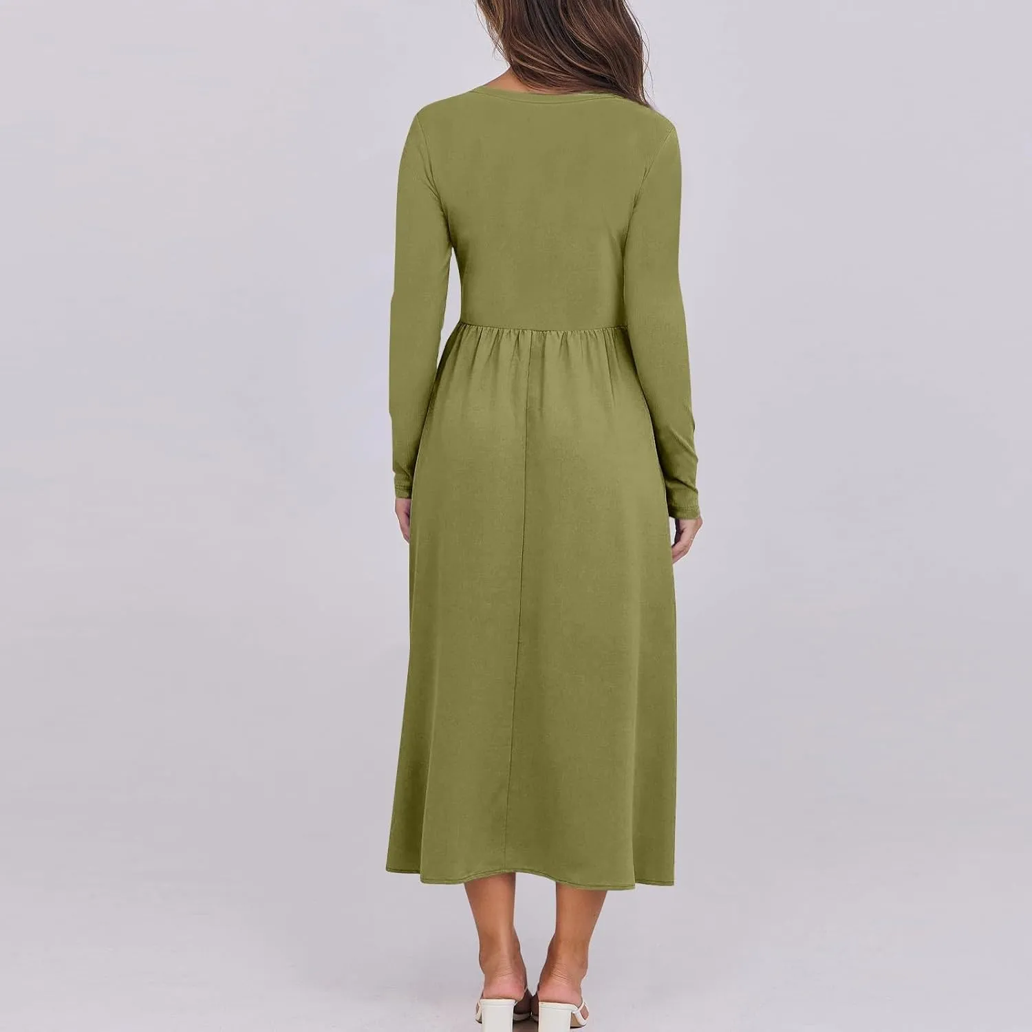 Modest Long Sleeve Dress for Women Elegant Crewneck Maxi Wrap Dress A Line Pleated Wedding Guest Dress with Pockets