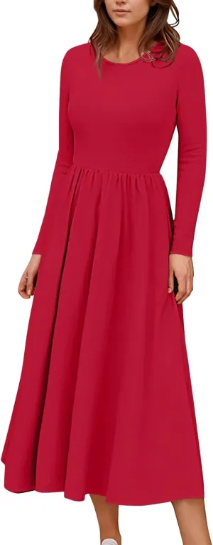 Modest Long Sleeve Dress for Women Elegant Crewneck Maxi Wrap Dress A Line Pleated Wedding Guest Dress with Pockets