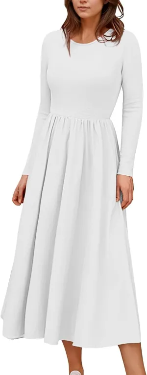 Modest Long Sleeve Dress for Women Elegant Crewneck Maxi Wrap Dress A Line Pleated Wedding Guest Dress with Pockets