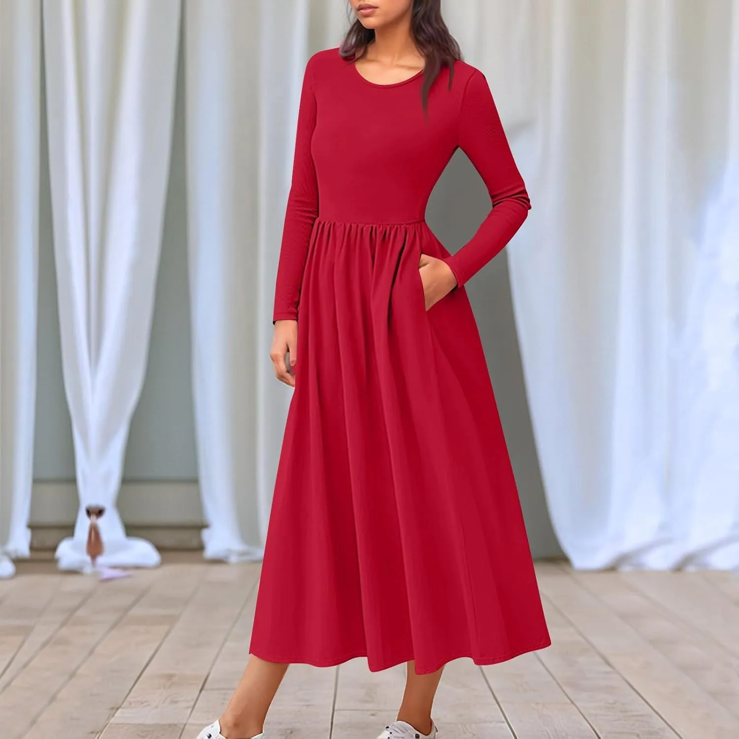 Modest Long Sleeve Dress for Women Elegant Crewneck Maxi Wrap Dress A Line Pleated Wedding Guest Dress with Pockets