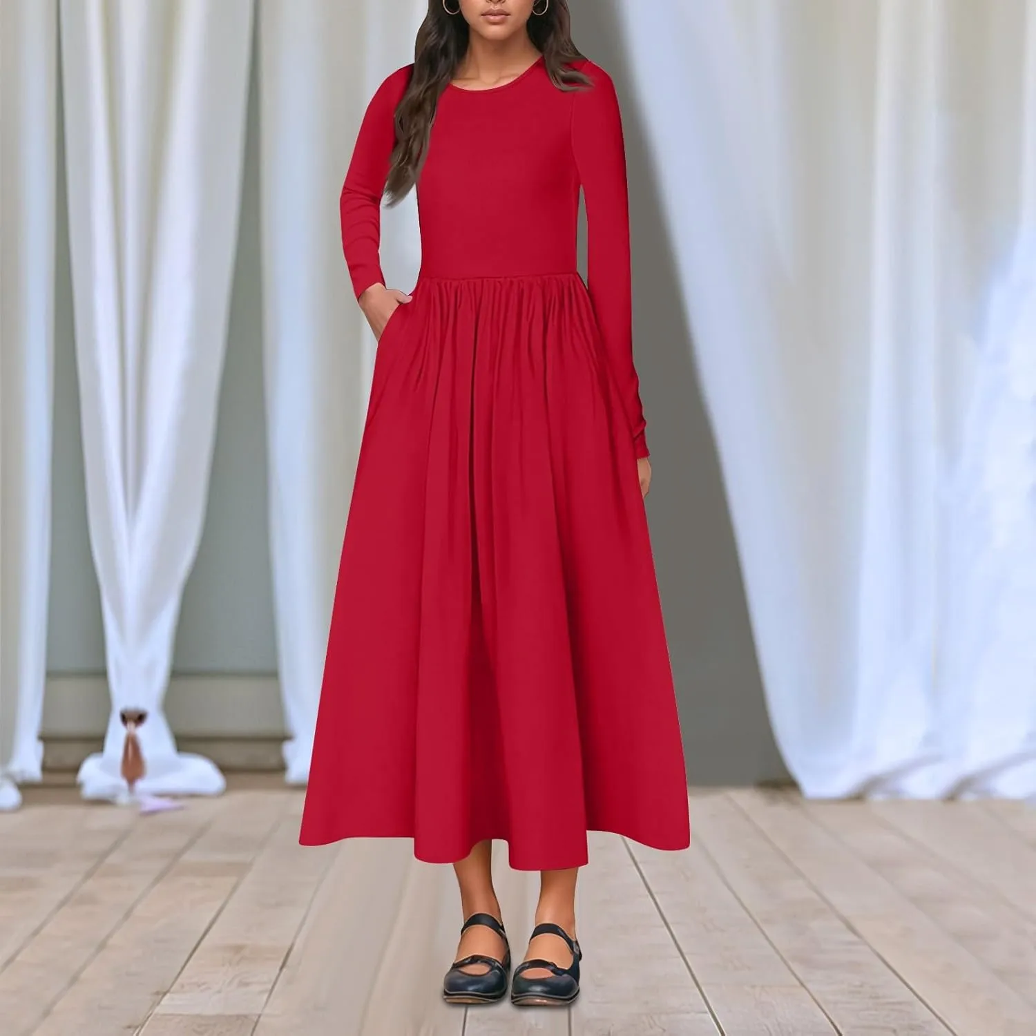 Modest Long Sleeve Dress for Women Elegant Crewneck Maxi Wrap Dress A Line Pleated Wedding Guest Dress with Pockets