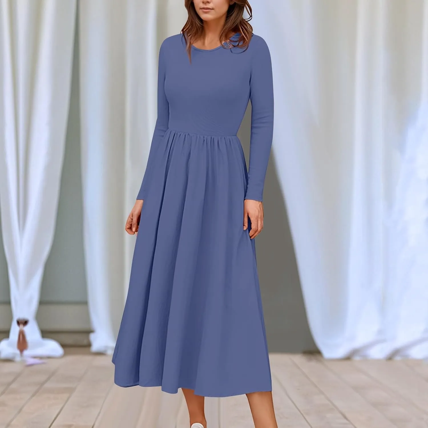 Modest Long Sleeve Dress for Women Elegant Crewneck Maxi Wrap Dress A Line Pleated Wedding Guest Dress with Pockets