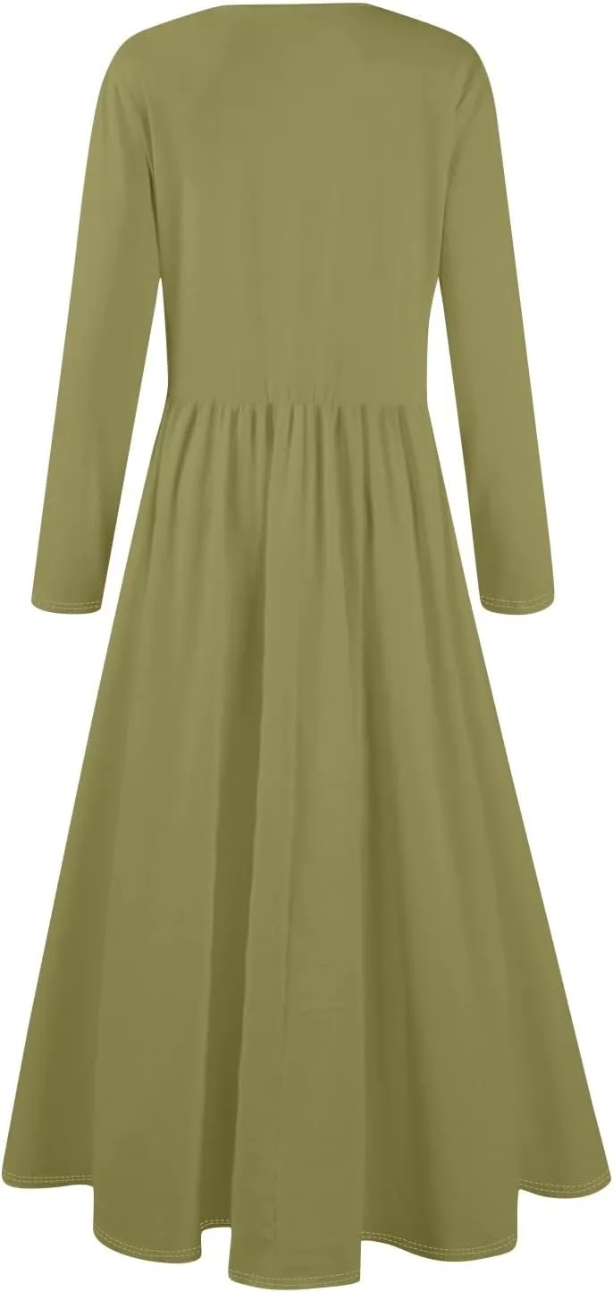 Modest Long Sleeve Dress for Women Elegant Crewneck Maxi Wrap Dress A Line Pleated Wedding Guest Dress with Pockets