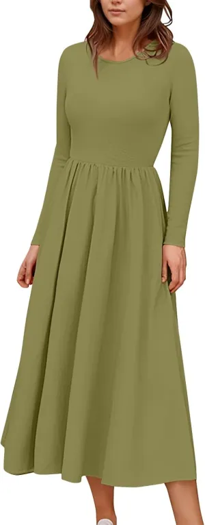Modest Long Sleeve Dress for Women Elegant Crewneck Maxi Wrap Dress A Line Pleated Wedding Guest Dress with Pockets