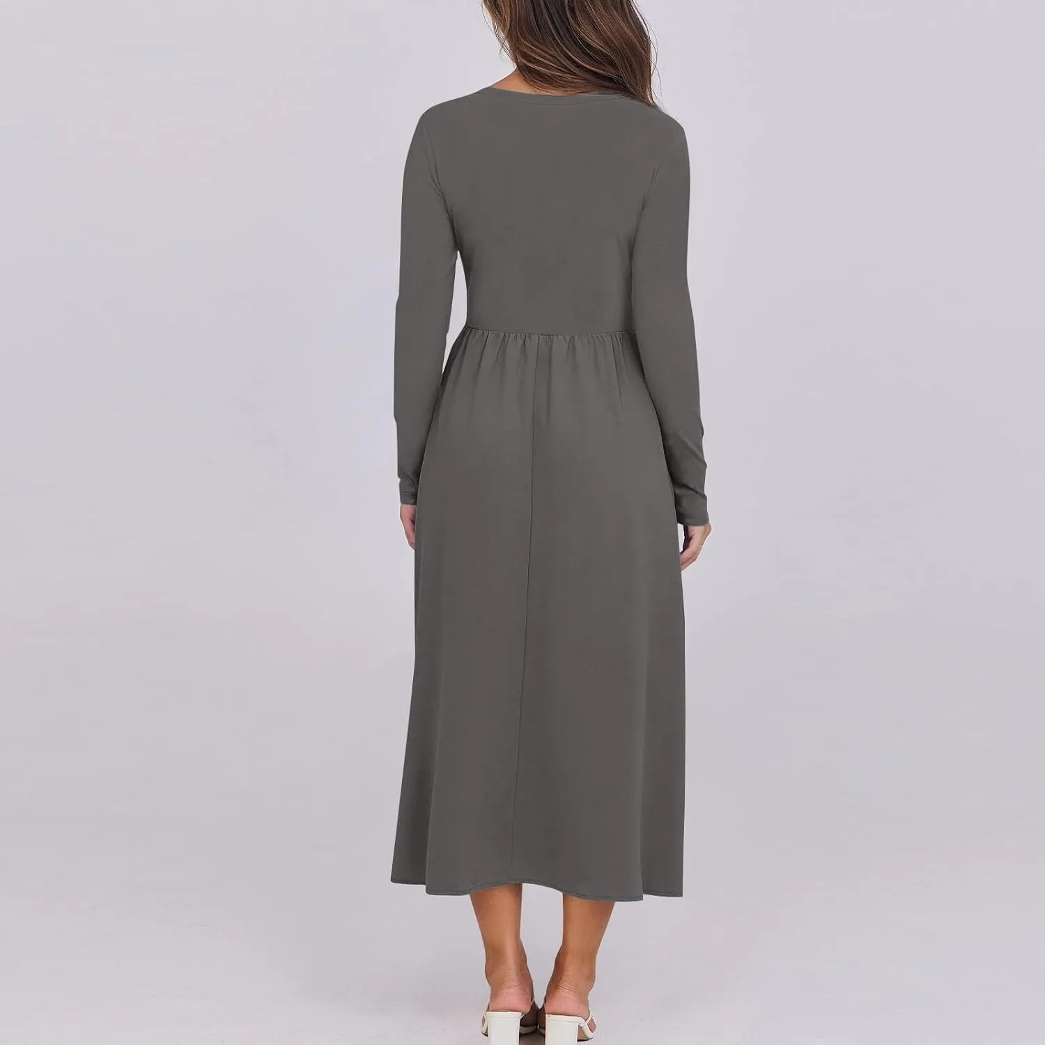 Modest Long Sleeve Dress for Women Elegant Crewneck Maxi Wrap Dress A Line Pleated Wedding Guest Dress with Pockets