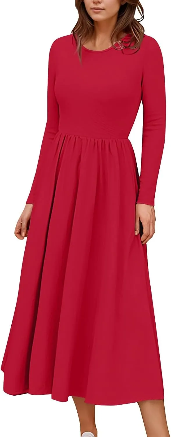 Modest Long Sleeve Dress for Women Elegant Crewneck Maxi Wrap Dress A Line Pleated Wedding Guest Dress with Pockets