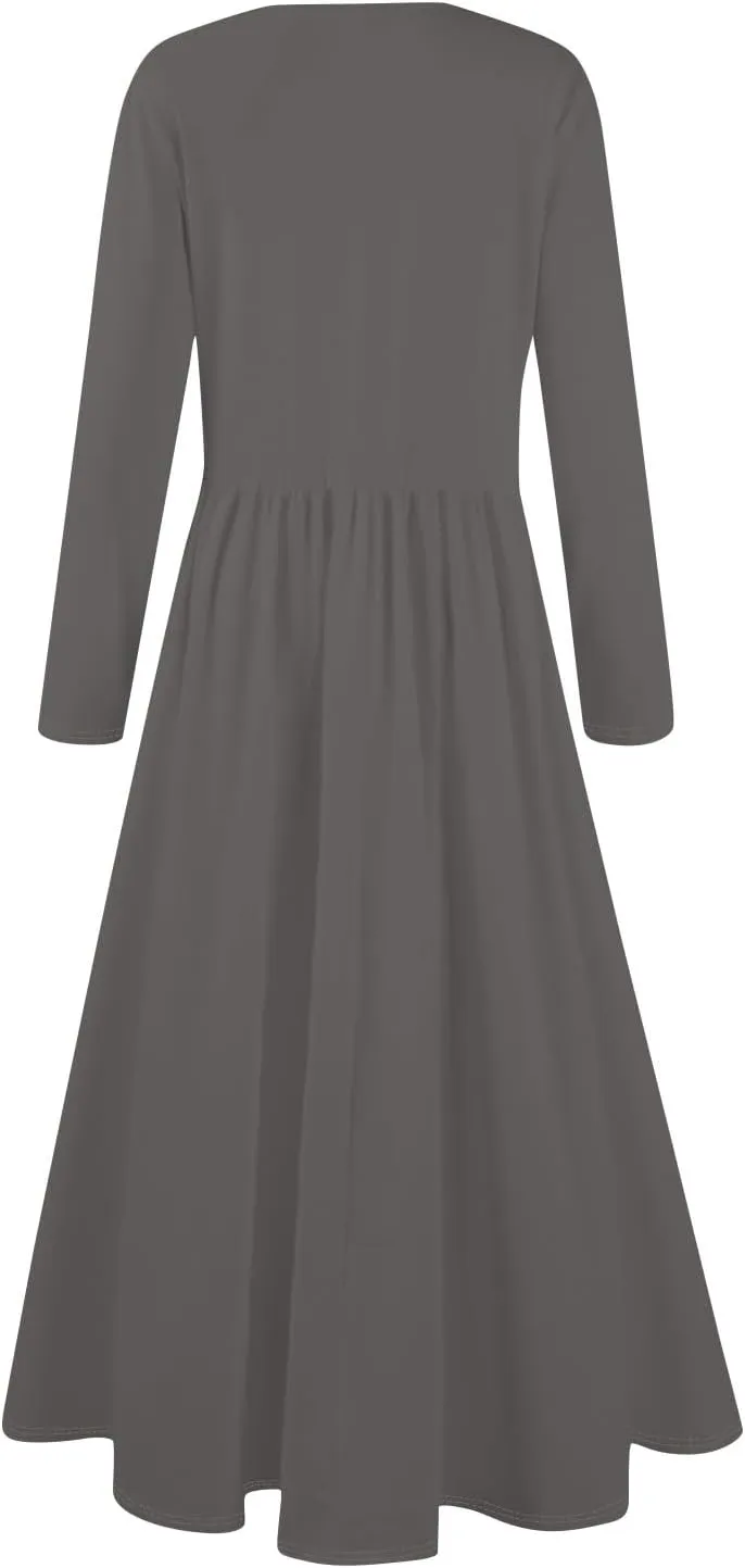 Modest Long Sleeve Dress for Women Elegant Crewneck Maxi Wrap Dress A Line Pleated Wedding Guest Dress with Pockets