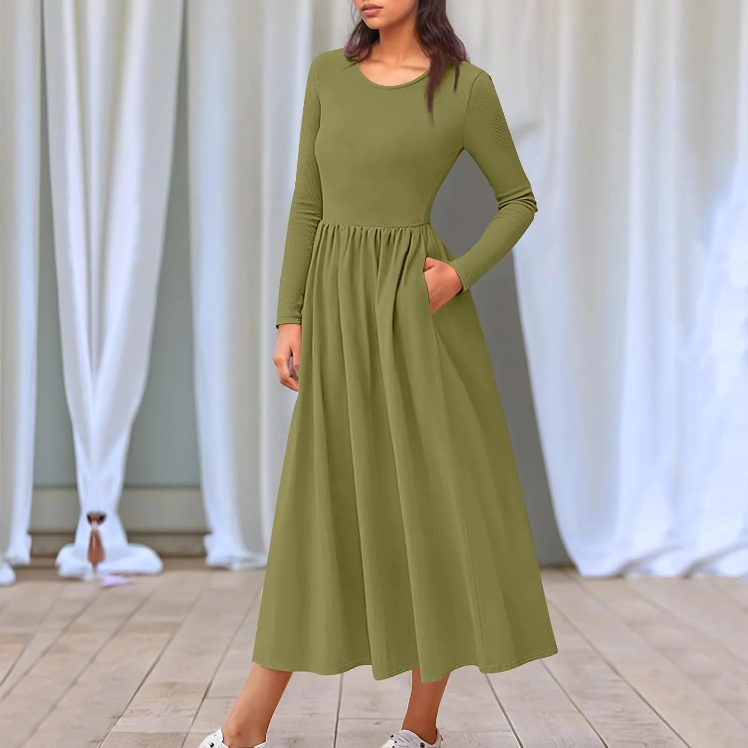 Modest Long Sleeve Dress for Women Elegant Crewneck Maxi Wrap Dress A Line Pleated Wedding Guest Dress with Pockets