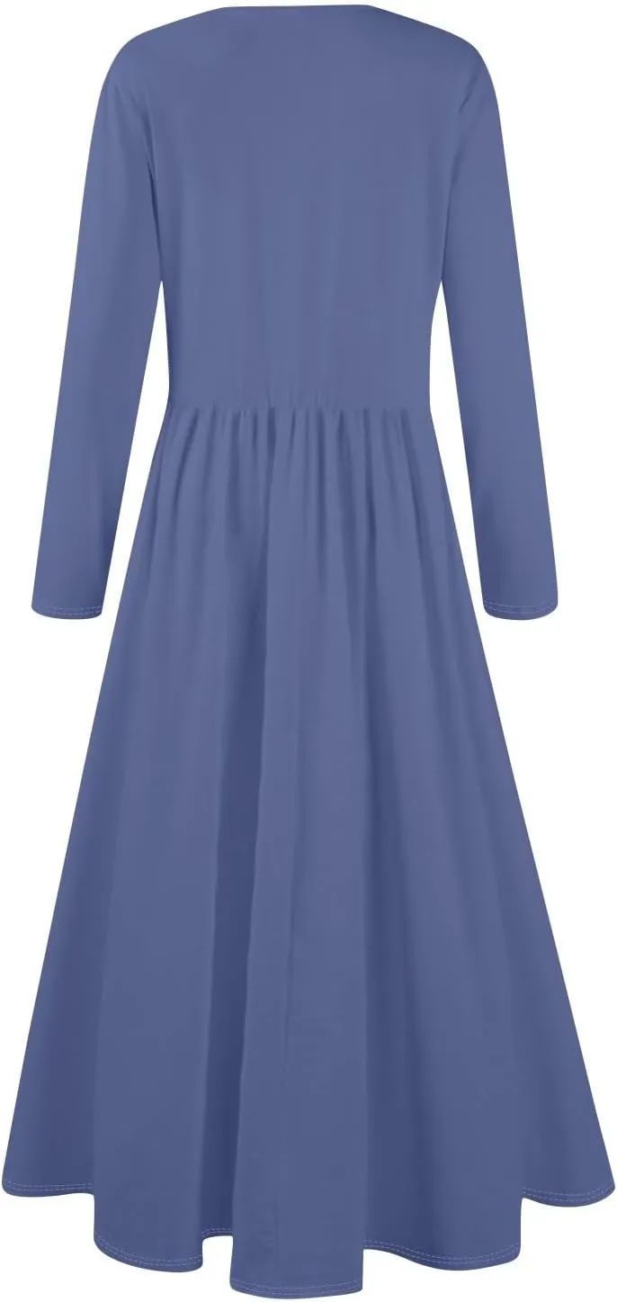 Modest Long Sleeve Dress for Women Elegant Crewneck Maxi Wrap Dress A Line Pleated Wedding Guest Dress with Pockets