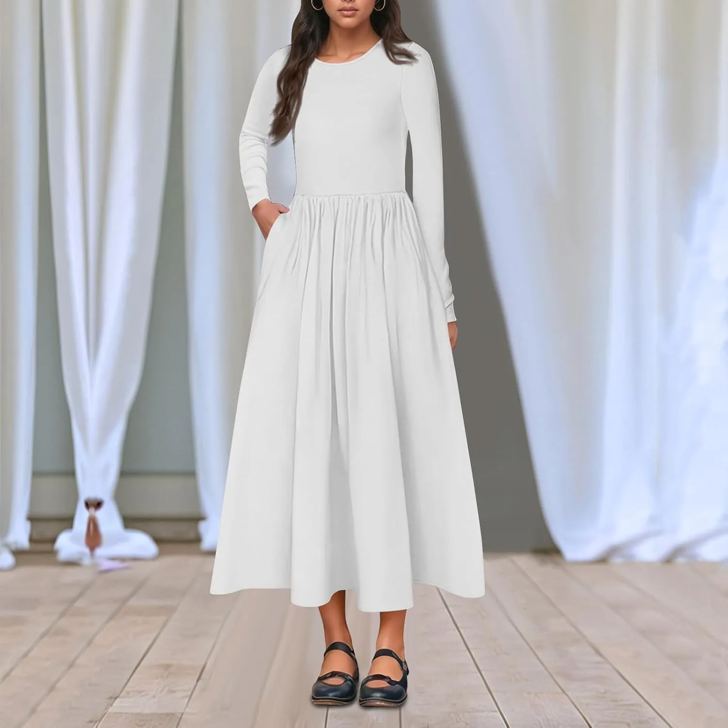 Modest Long Sleeve Dress for Women Elegant Crewneck Maxi Wrap Dress A Line Pleated Wedding Guest Dress with Pockets