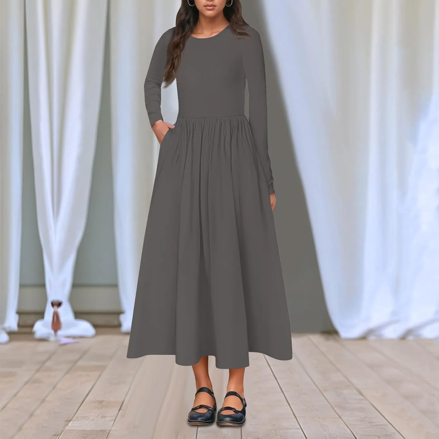 Modest Long Sleeve Dress for Women Elegant Crewneck Maxi Wrap Dress A Line Pleated Wedding Guest Dress with Pockets