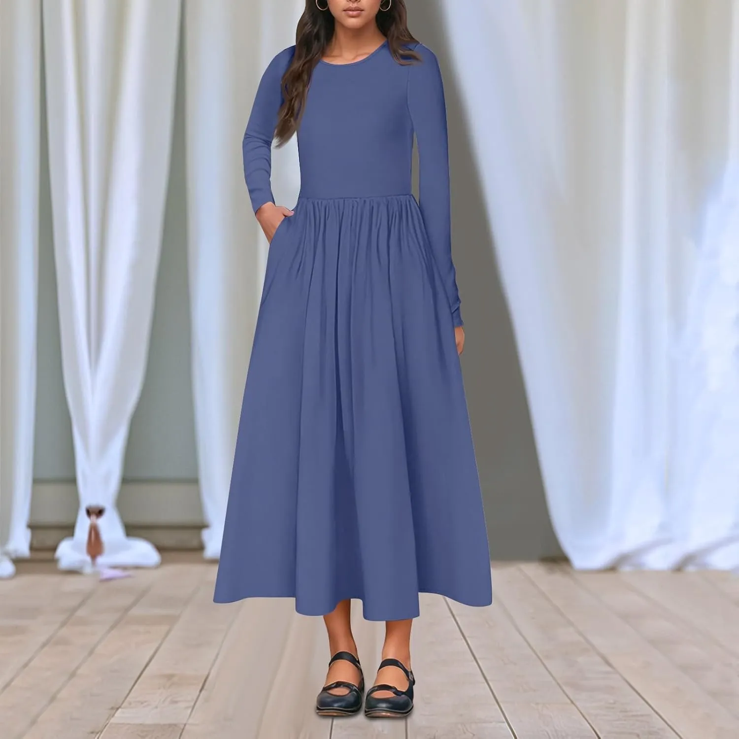 Modest Long Sleeve Dress for Women Elegant Crewneck Maxi Wrap Dress A Line Pleated Wedding Guest Dress with Pockets
