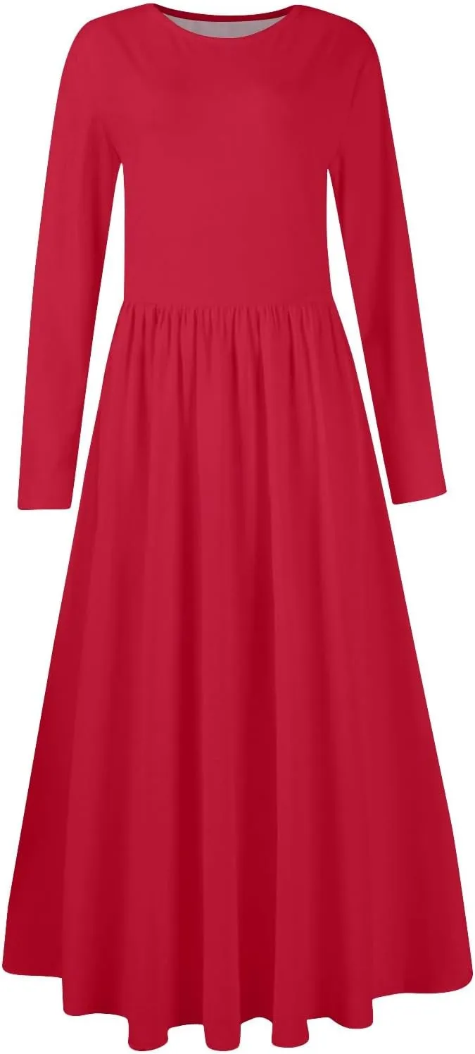 Modest Long Sleeve Dress for Women Elegant Crewneck Maxi Wrap Dress A Line Pleated Wedding Guest Dress with Pockets