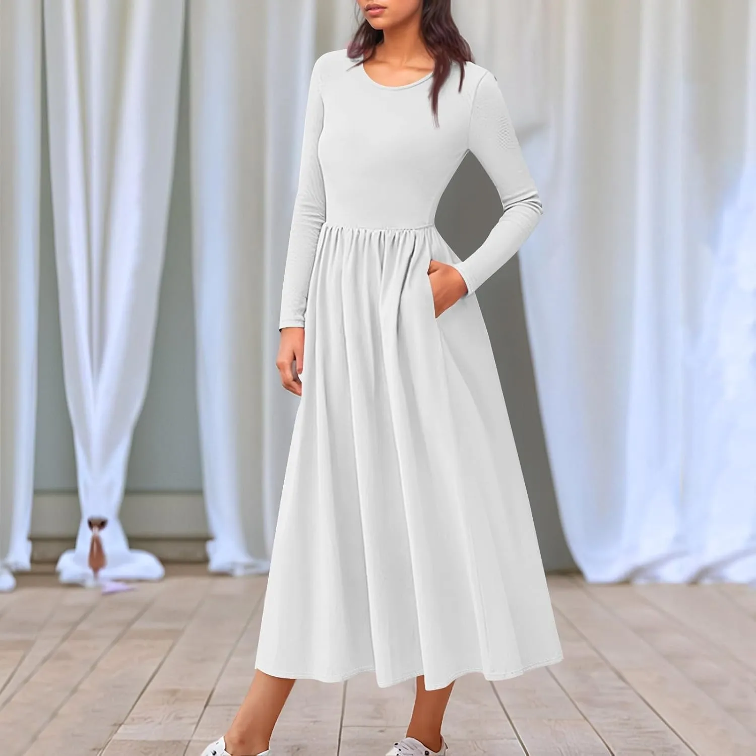Modest Long Sleeve Dress for Women Elegant Crewneck Maxi Wrap Dress A Line Pleated Wedding Guest Dress with Pockets