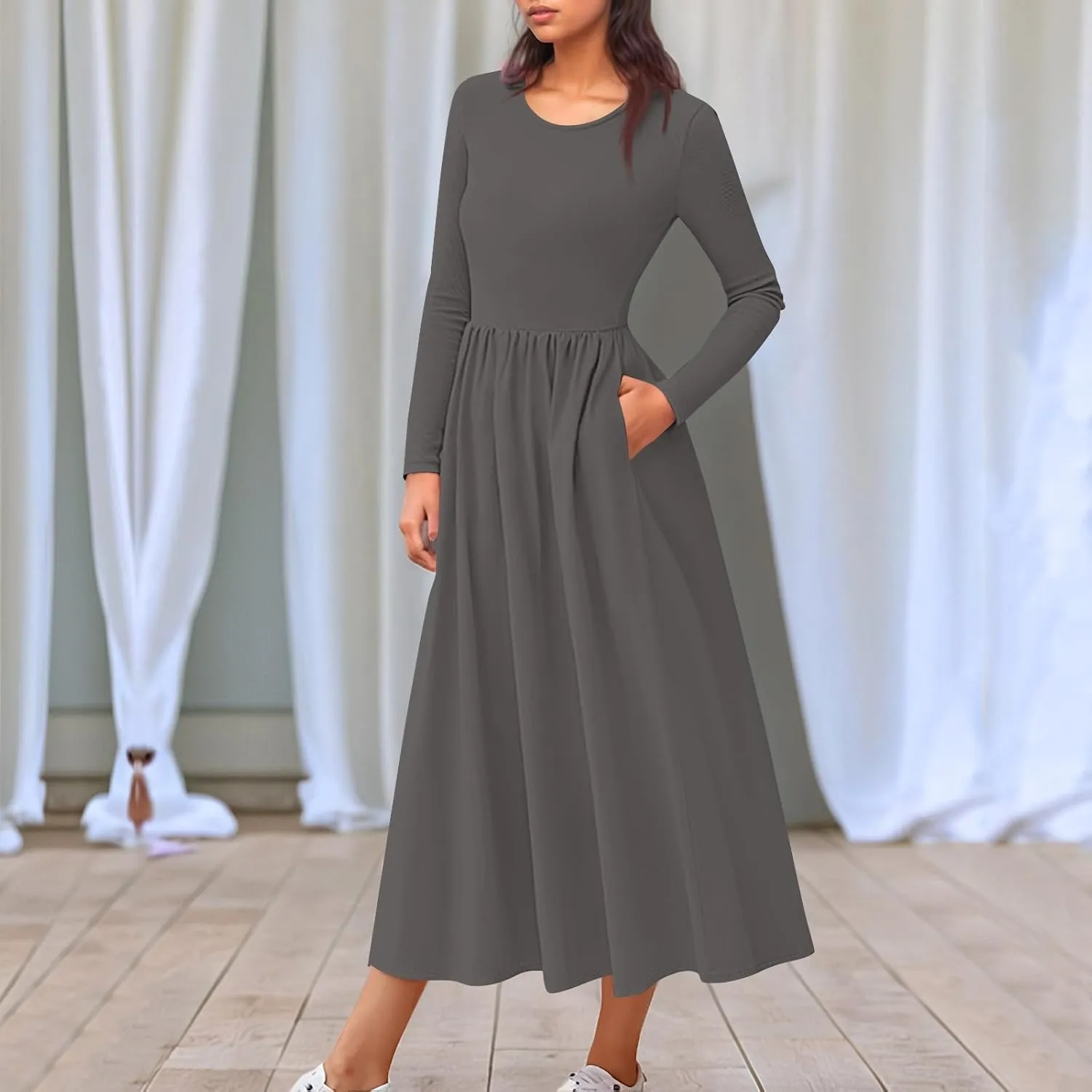 Modest Long Sleeve Dress for Women Elegant Crewneck Maxi Wrap Dress A Line Pleated Wedding Guest Dress with Pockets