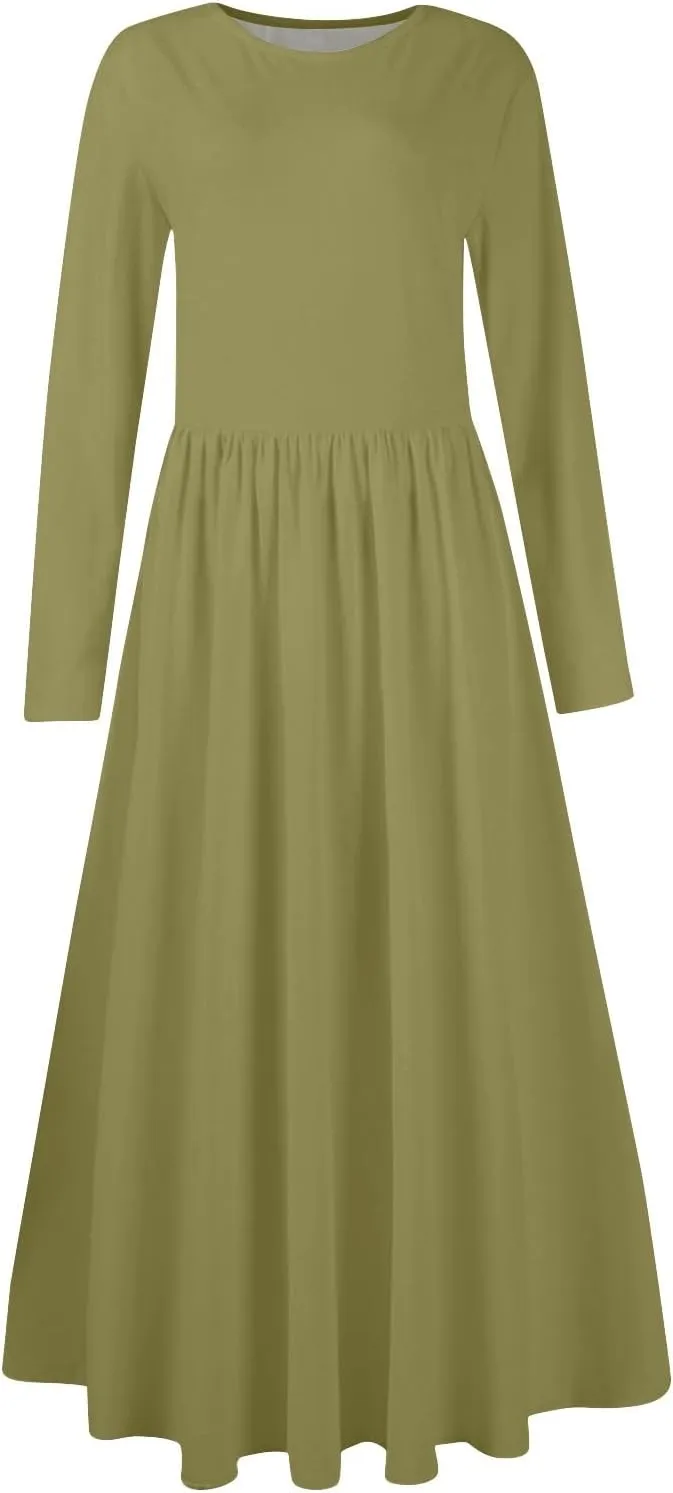 Modest Long Sleeve Dress for Women Elegant Crewneck Maxi Wrap Dress A Line Pleated Wedding Guest Dress with Pockets