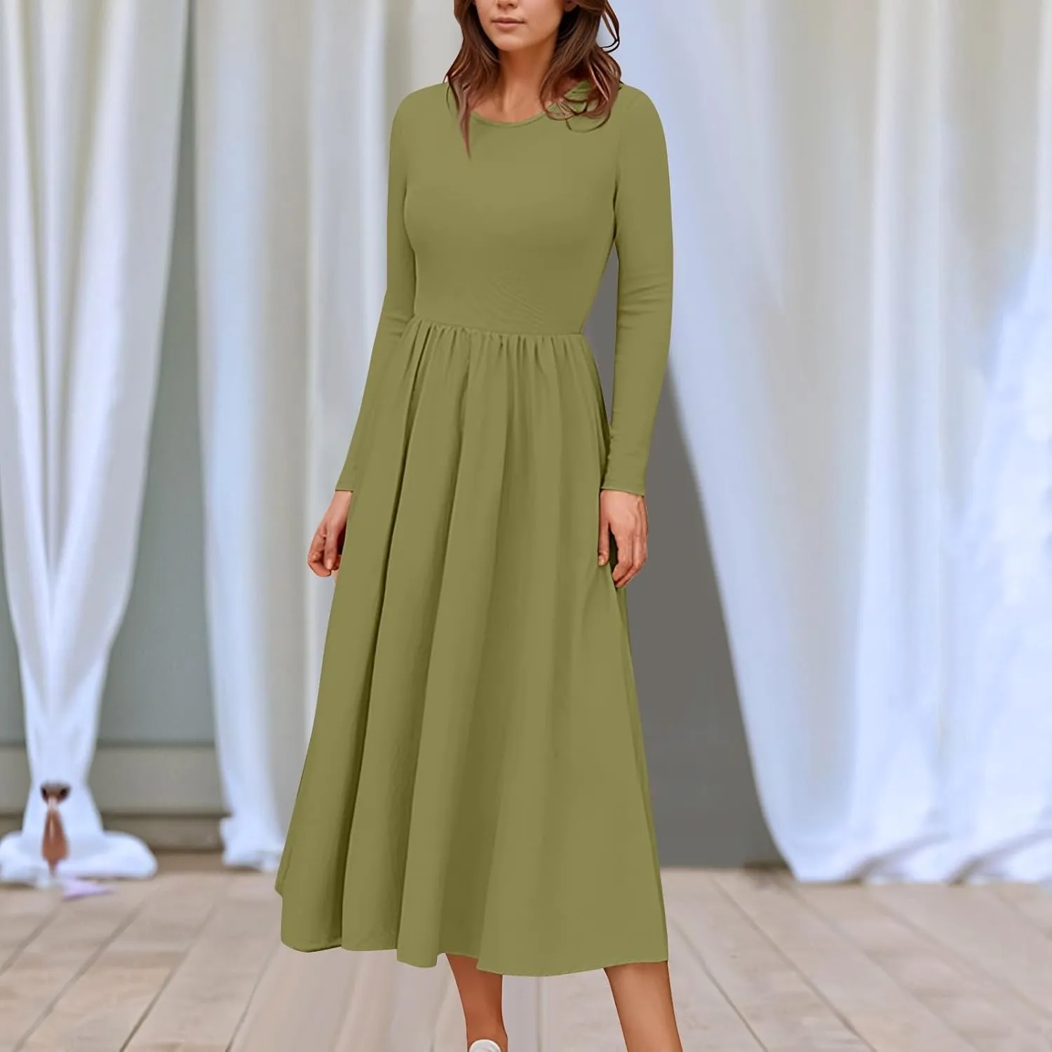 Modest Long Sleeve Dress for Women Elegant Crewneck Maxi Wrap Dress A Line Pleated Wedding Guest Dress with Pockets
