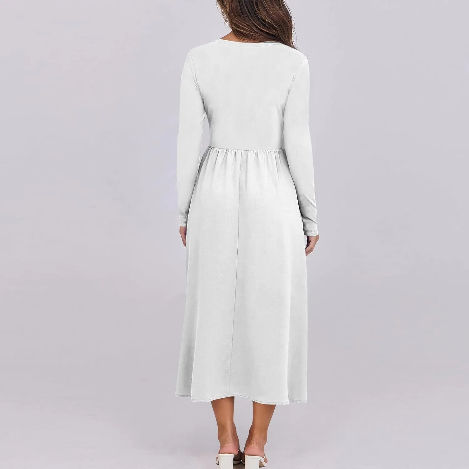 Modest Long Sleeve Dress for Women Elegant Crewneck Maxi Wrap Dress A Line Pleated Wedding Guest Dress with Pockets
